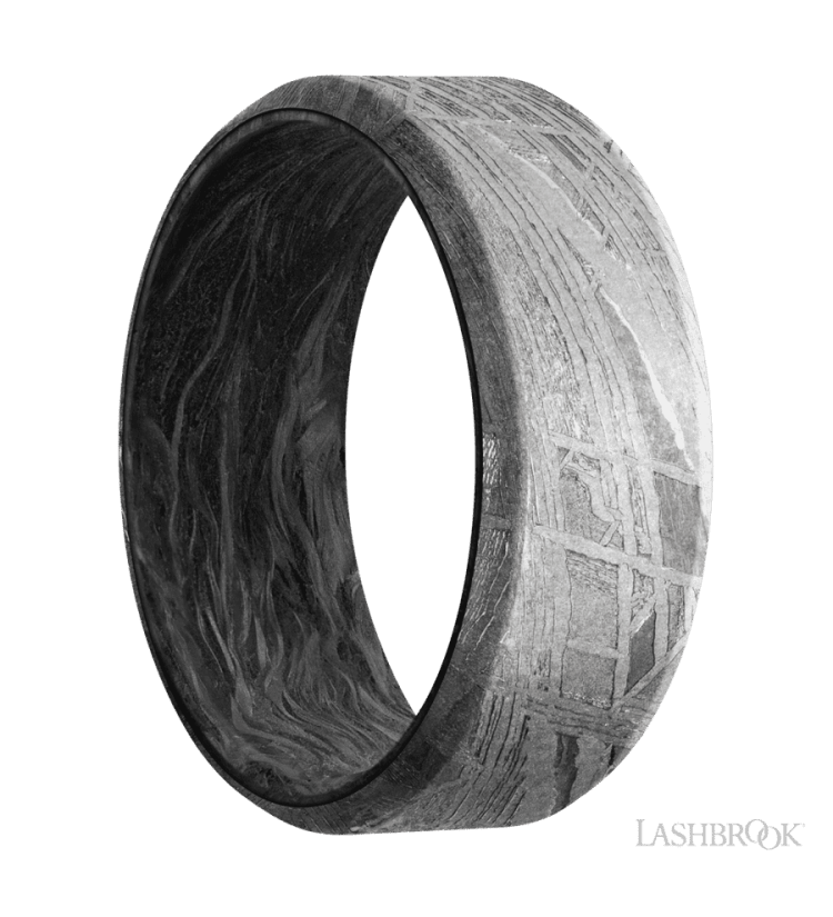 8 mm wide Beveled Meteorite band featuring a Forged Carbon Fiber sleeve. - Diamonds By Rothschild