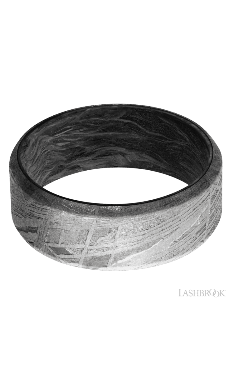 8 mm wide Beveled Meteorite band featuring a Forged Carbon Fiber sleeve. - Diamonds By Rothschild