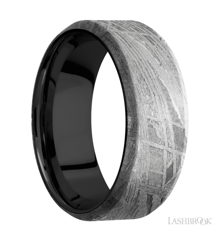 8 mm wide Beveled Meteorite band featuring a Zirconium sleeve. - Diamonds By Rothschild