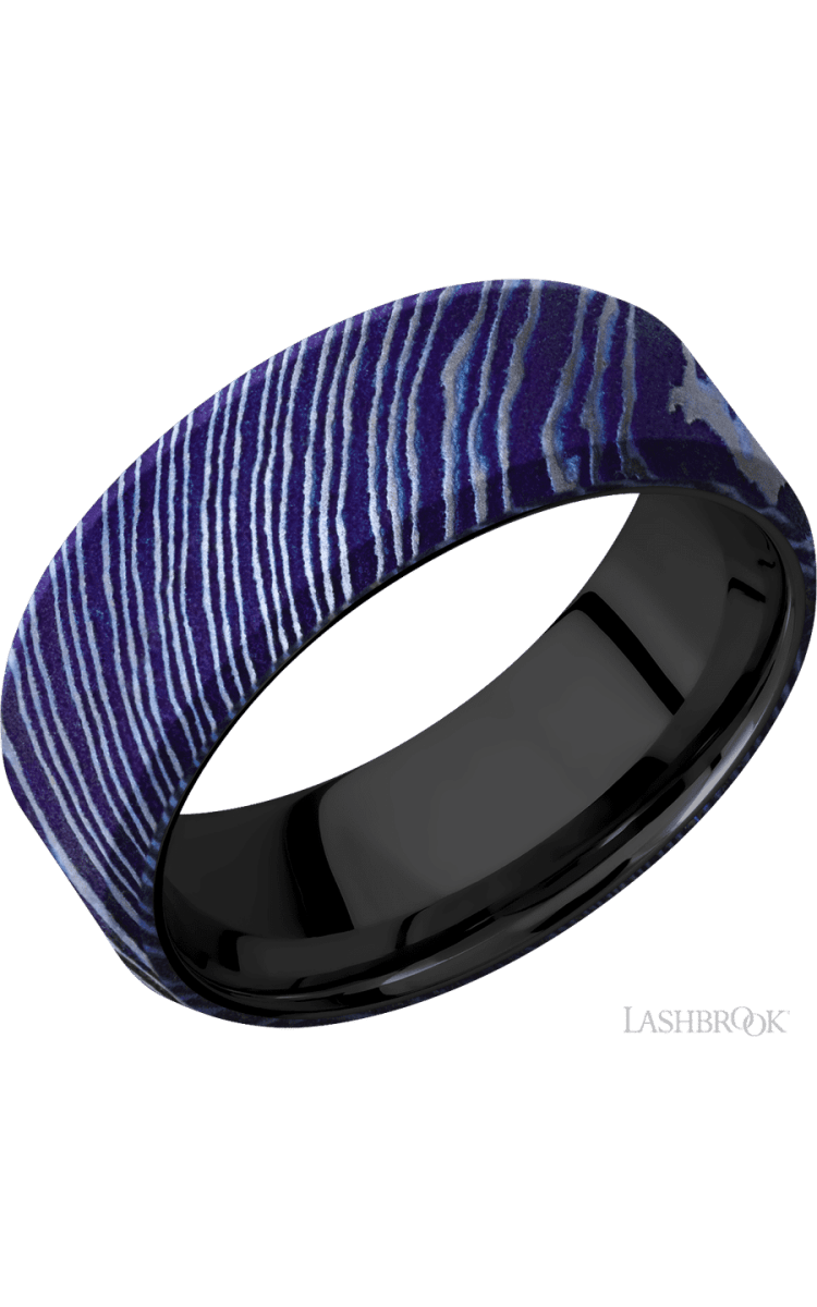 8 mm wide Beveled Titanium Damascus band featuring a Zirconium sleeve. - Diamonds By Rothschild