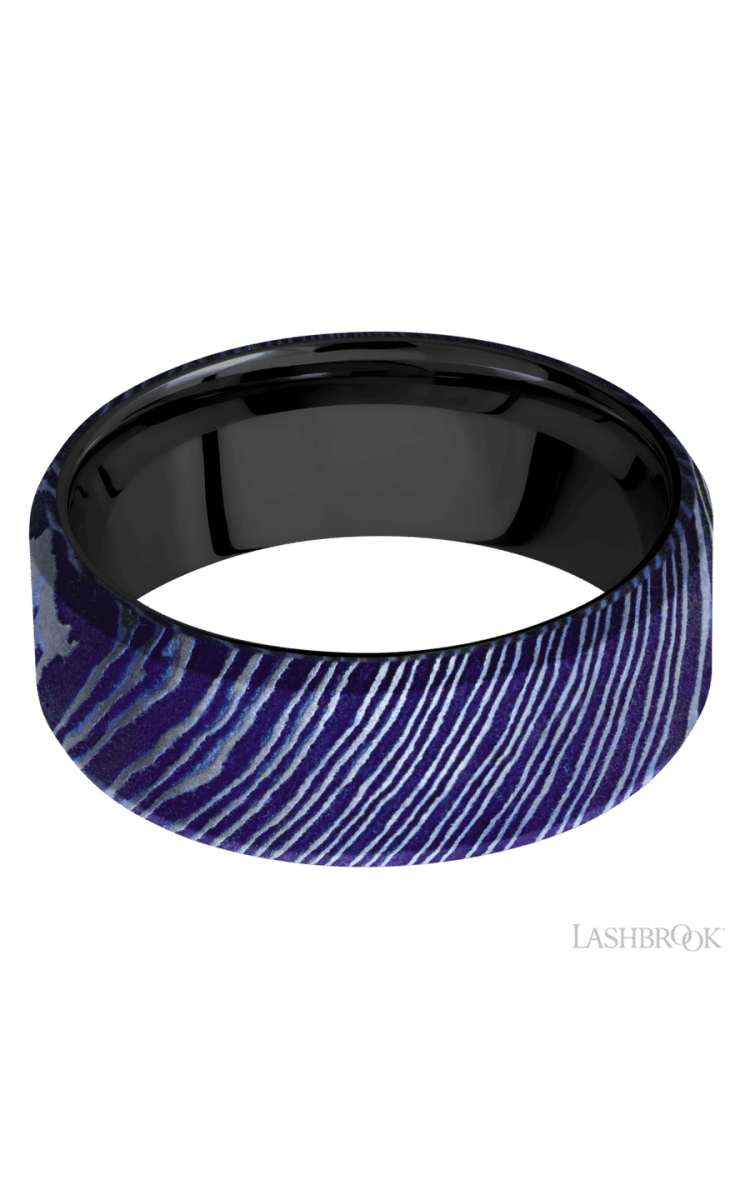 8 mm wide Beveled Titanium Damascus band featuring a Zirconium sleeve. - Diamonds By Rothschild