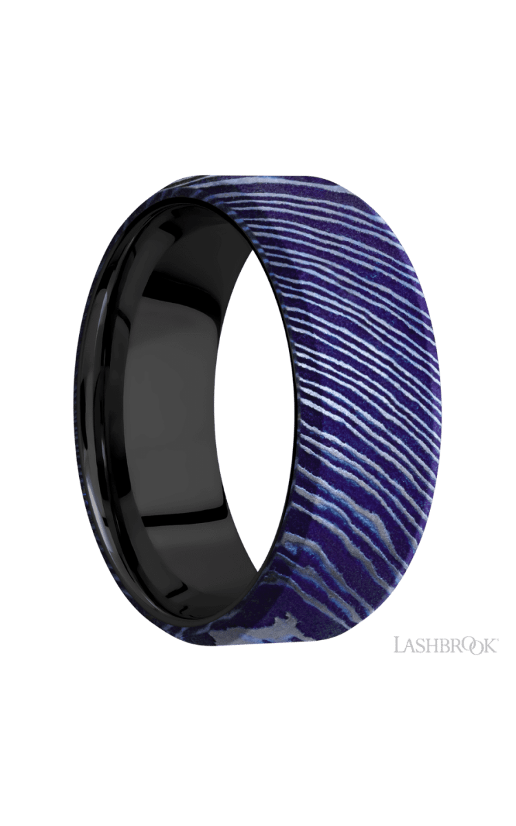 8 mm wide Beveled Titanium Damascus band featuring a Zirconium sleeve. - Diamonds By Rothschild
