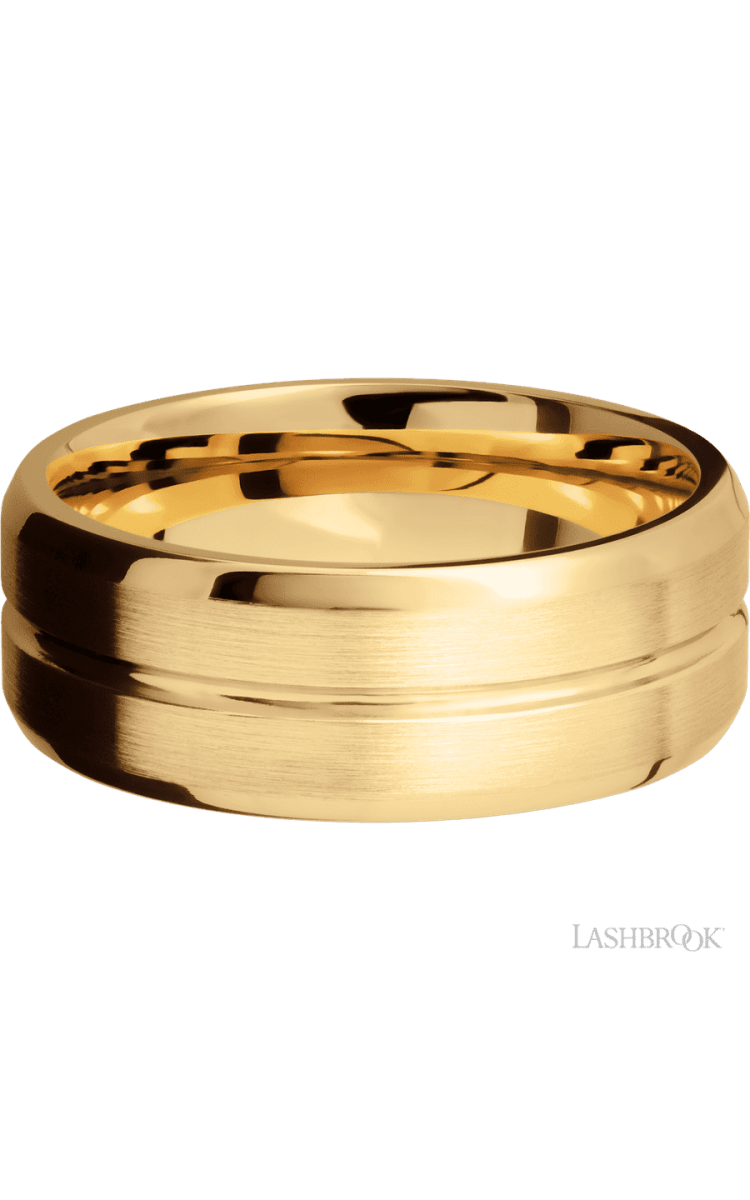 8 mm wide Beveled with Center Accent Groove 14K Yellow Gold band. - Diamonds By Rothschild