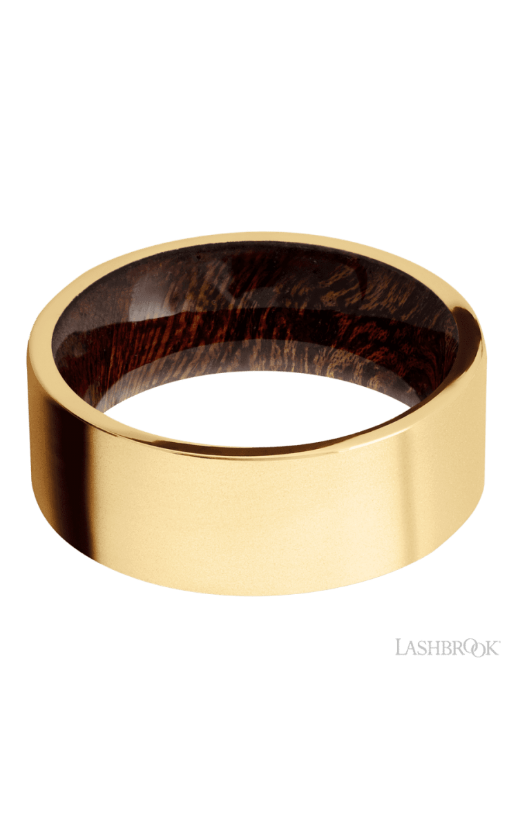 8 mm wide Flat 14K Yellow Gold band featuring a Sapele sleeve. - Diamonds By Rothschild