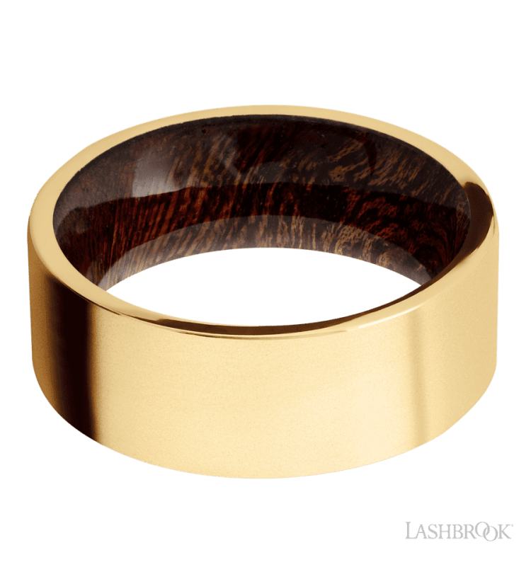 8 mm wide Flat 14K Yellow Gold band featuring a Sapele sleeve. - Diamonds By Rothschild