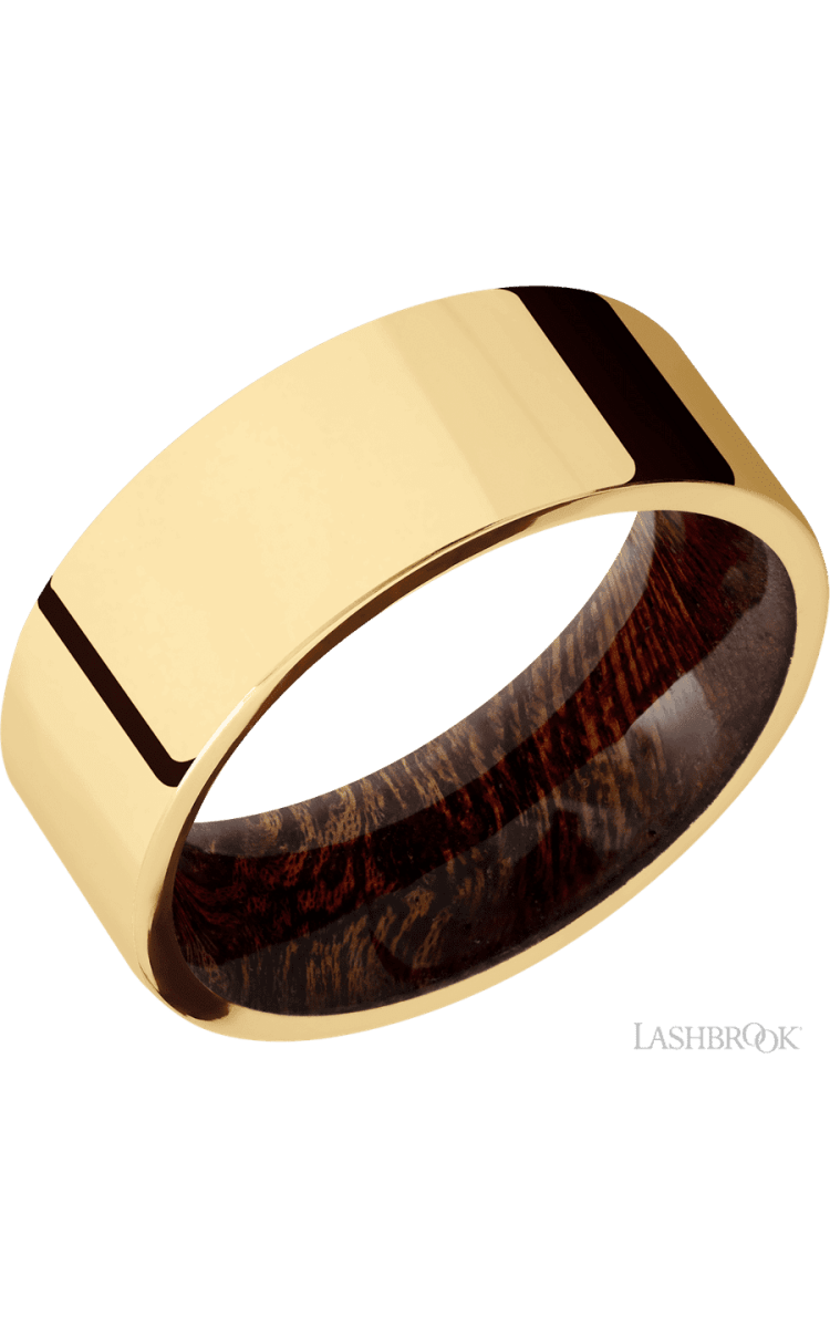 8 mm wide Flat 14K Yellow Gold band featuring a Sapele sleeve. - Diamonds By Rothschild