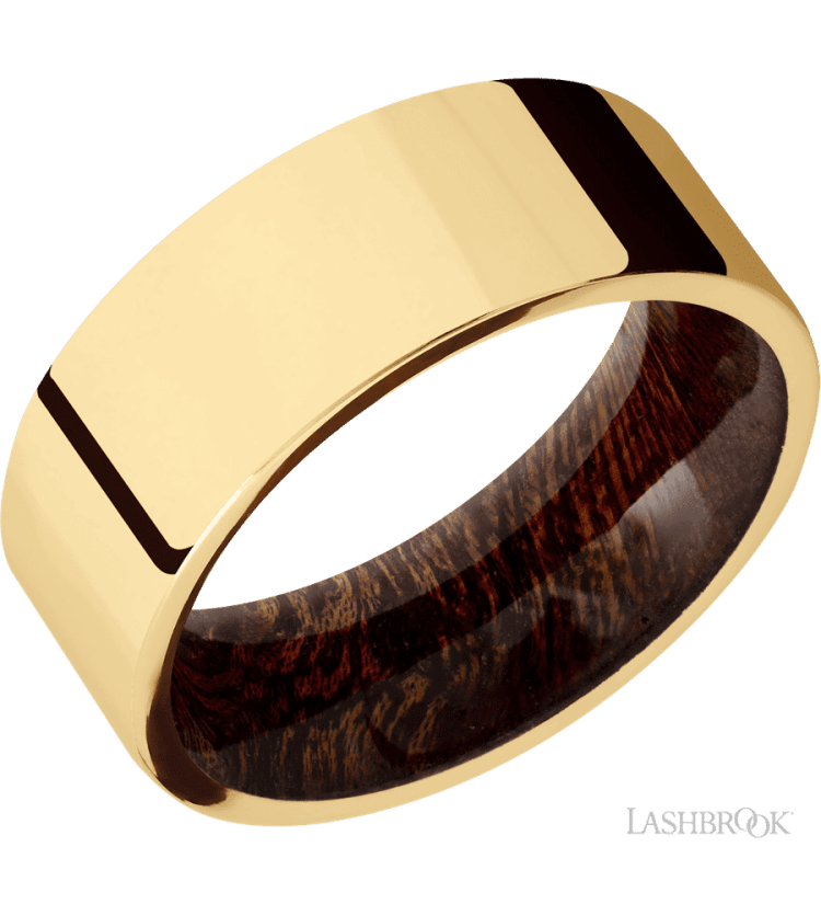 8 mm wide Flat 14K Yellow Gold band featuring a Sapele sleeve. - Diamonds By Rothschild