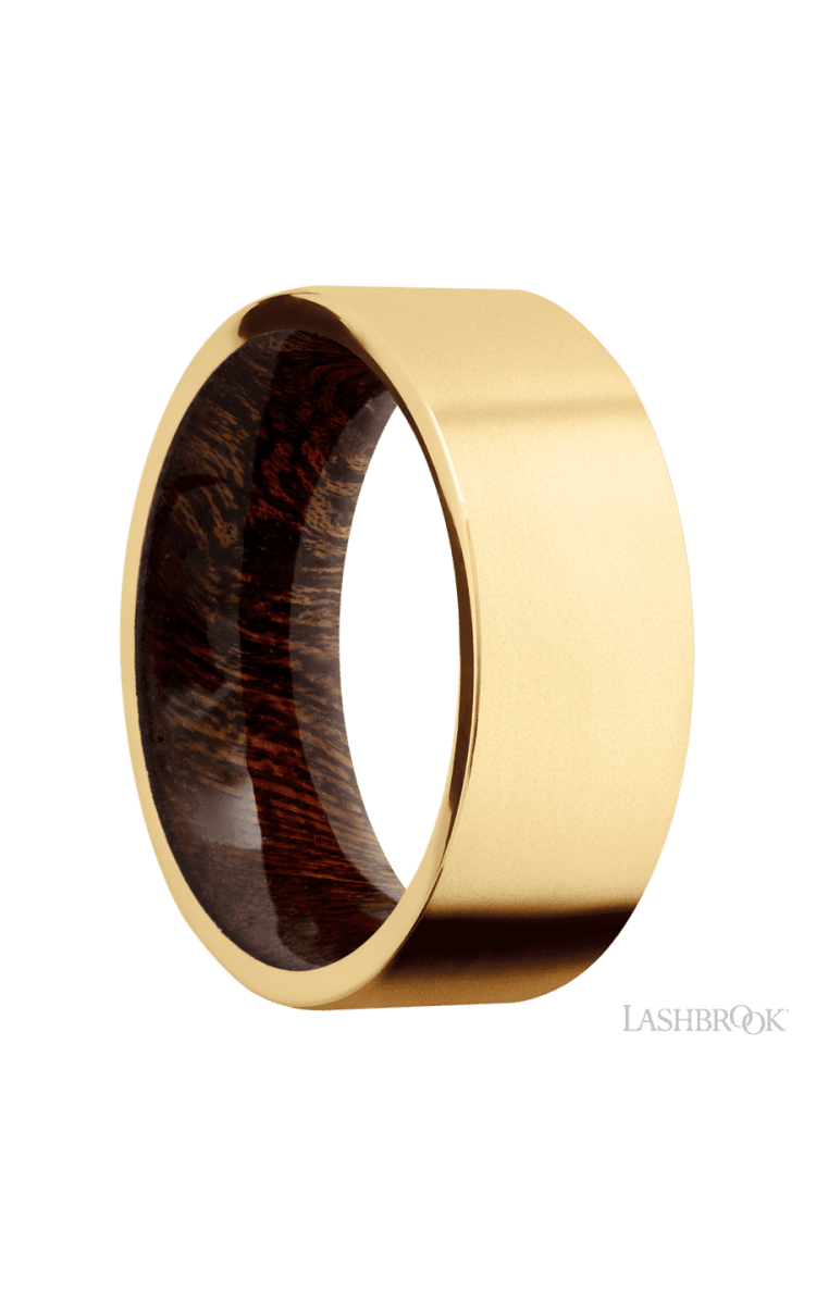 8 mm wide Flat 14K Yellow Gold band featuring a Sapele sleeve. - Diamonds By Rothschild