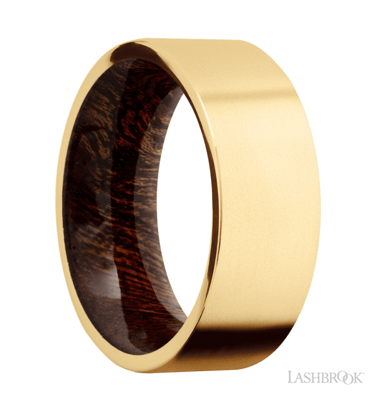 8 mm wide Flat 14K Yellow Gold band featuring a Sapele sleeve. - Diamonds By Rothschild