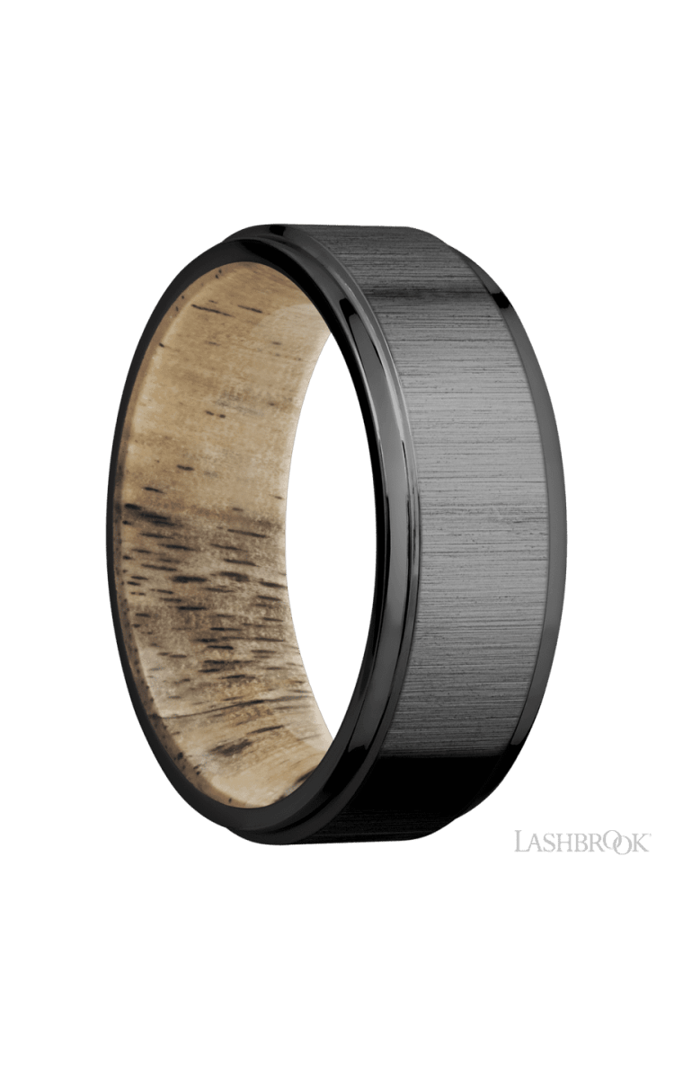 8 mm wide Flat Grooved Edges Zirconium band featuring a Spalted Tamarind sleeve. - Diamonds By Rothschild