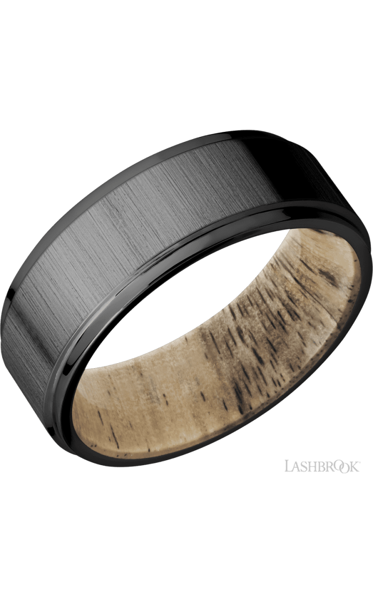 8 mm wide Flat Grooved Edges Zirconium band featuring a Spalted Tamarind sleeve. - Diamonds By Rothschild