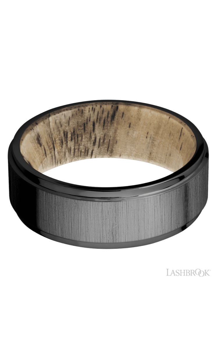 8 mm wide Flat Grooved Edges Zirconium band featuring a Spalted Tamarind sleeve. - Diamonds By Rothschild