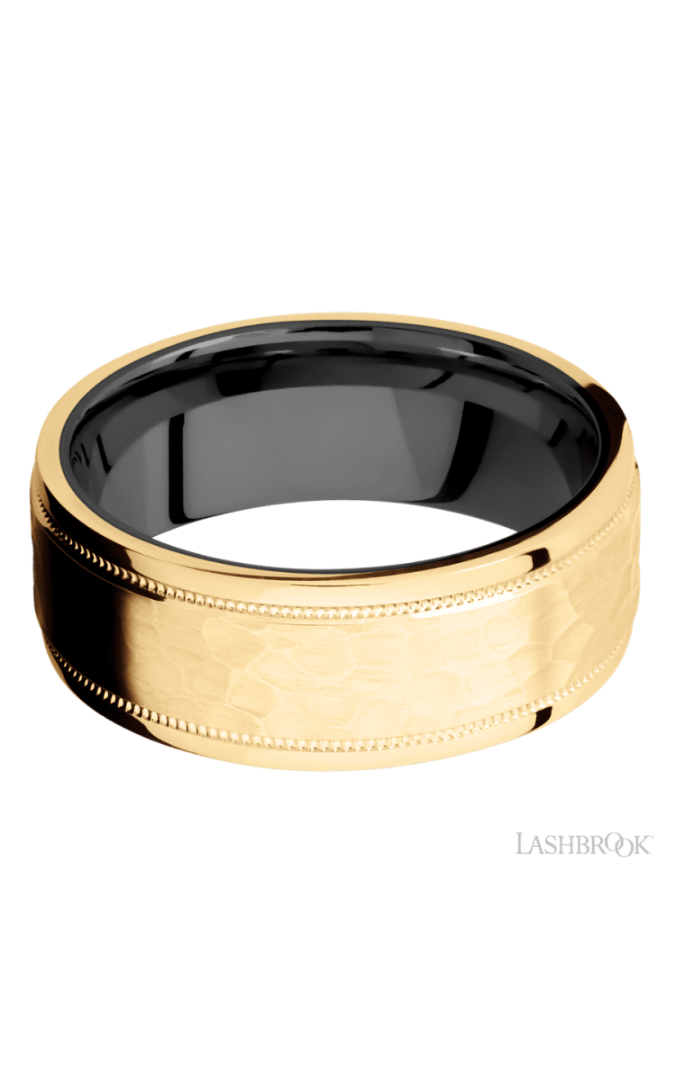 8 mm wide Flat Stepped Edges Milgrain 14K Yellow Gold band featuring a Zirconium sleeve. - Diamonds By Rothschild