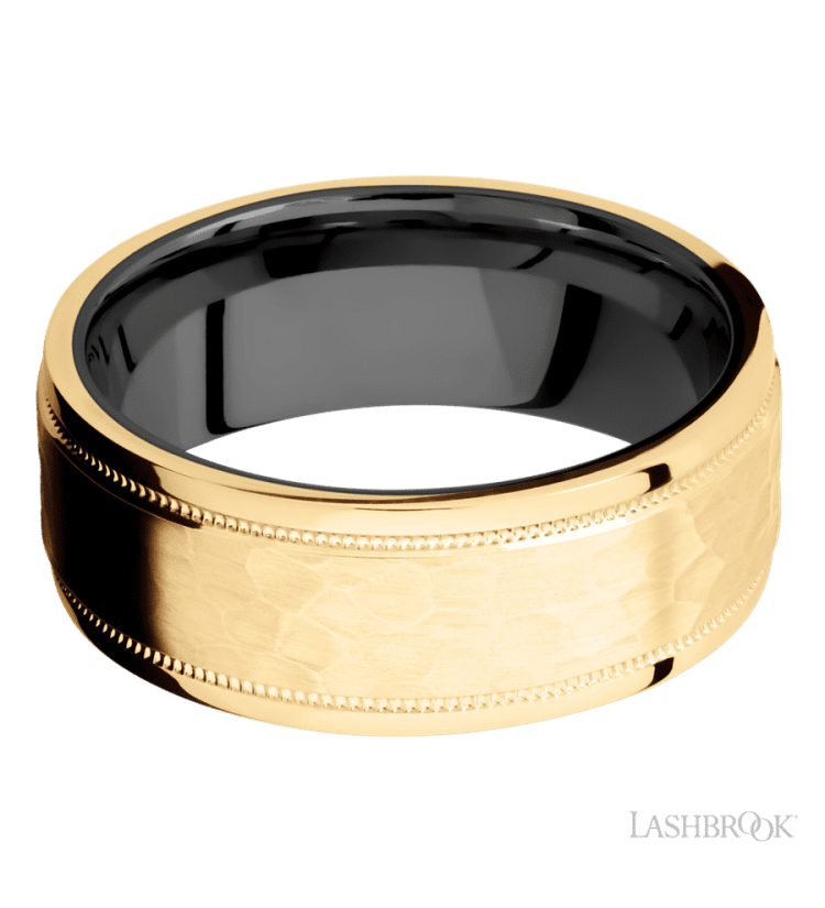 8 mm wide Flat Stepped Edges Milgrain 14K Yellow Gold band featuring a Zirconium sleeve. - Diamonds By Rothschild