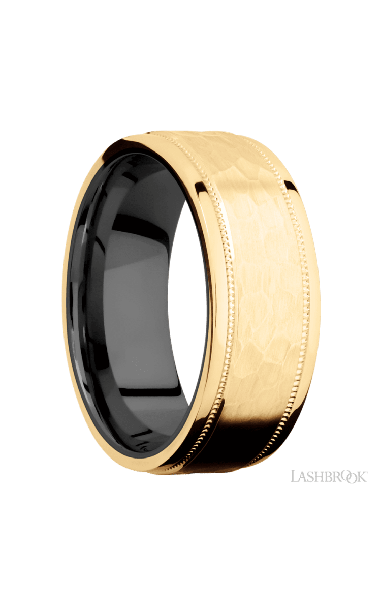 8 mm wide Flat Stepped Edges Milgrain 14K Yellow Gold band featuring a Zirconium sleeve. - Diamonds By Rothschild