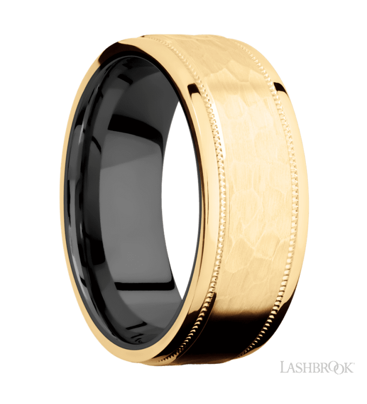 8 mm wide Flat Stepped Edges Milgrain 14K Yellow Gold band featuring a Zirconium sleeve. - Diamonds By Rothschild