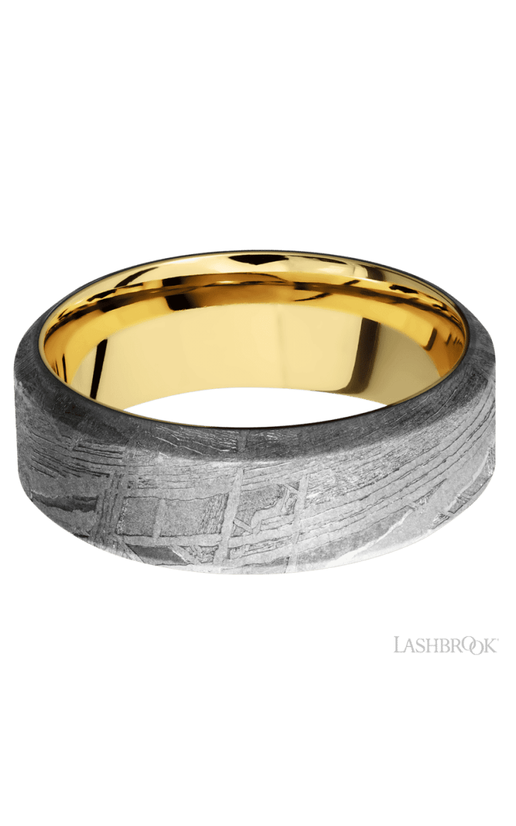 8 mm wide High Bevel Meteorite band featuring a 14K Yellow Gold sleeve. - Diamonds By Rothschild