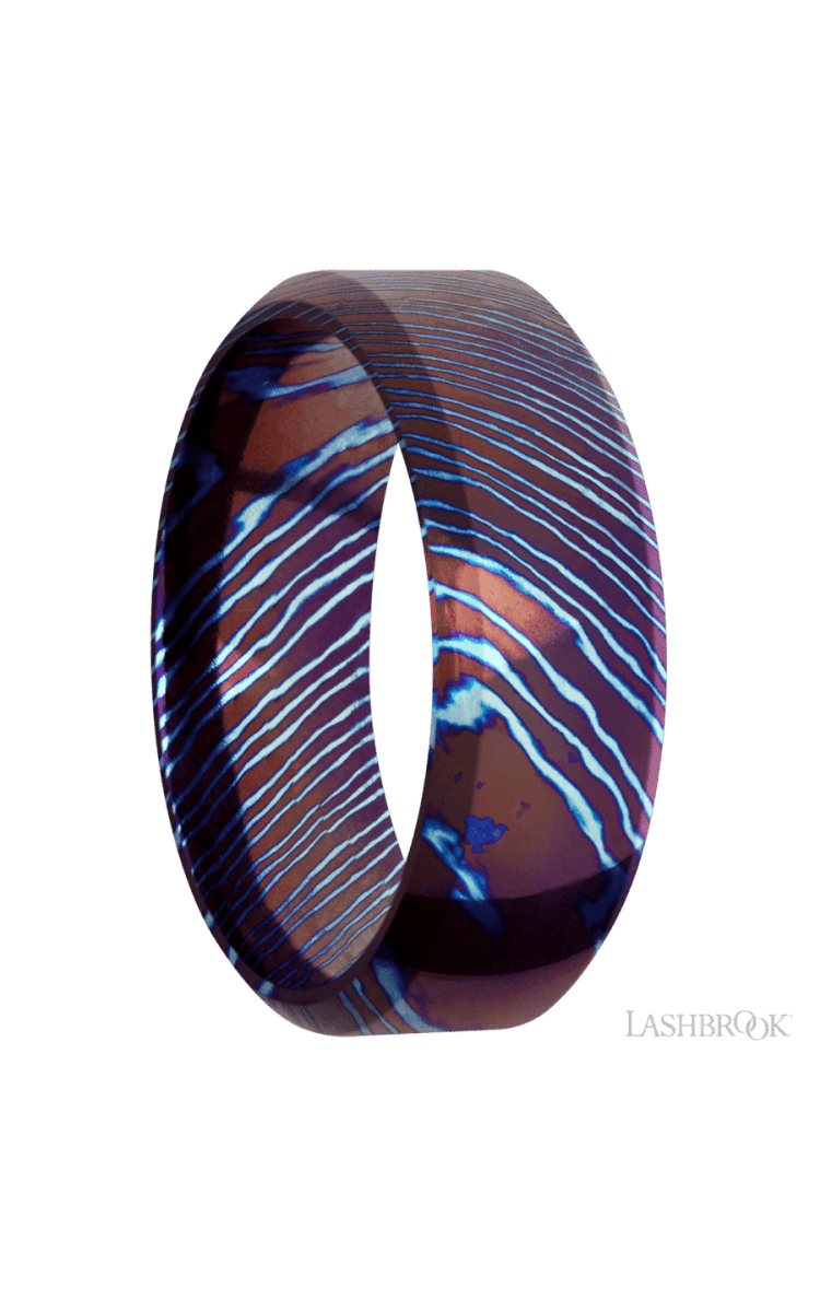 8 mm wide High Bevel Titanium Damascus band. - Diamonds By Rothschild