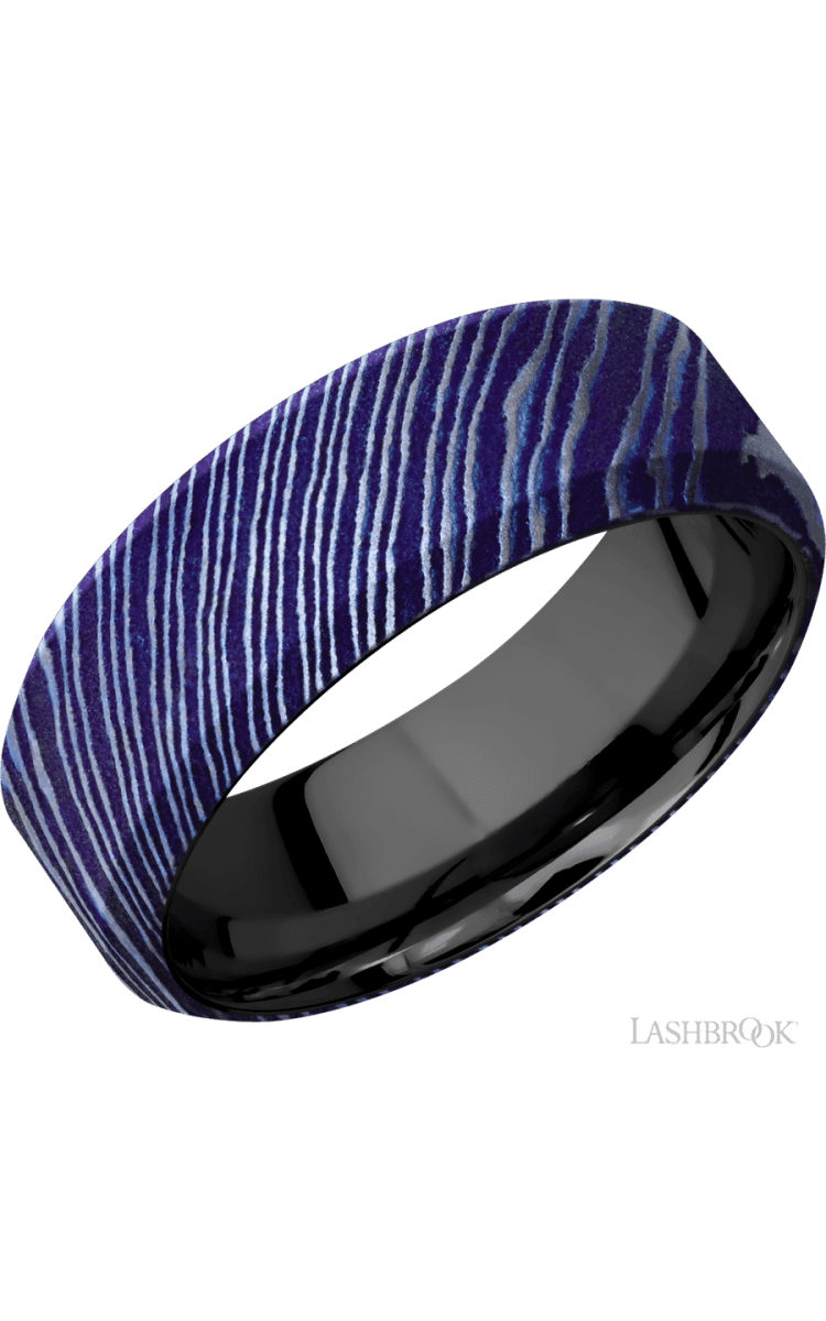 8 mm wide High Bevel Titanium Damascus band featuring a Zirconium sleeve. - Diamonds By Rothschild