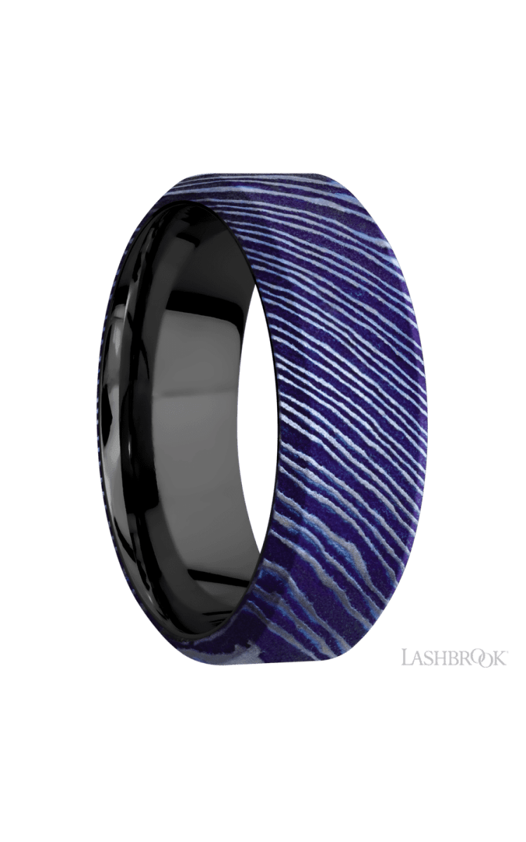 8 mm wide High Bevel Titanium Damascus band featuring a Zirconium sleeve. - Diamonds By Rothschild