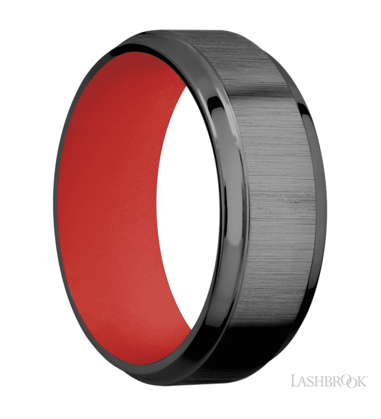 8 mm wide Stepped Bevel Zirconium band featuring a USMC Red sleeve. - Diamonds By Rothschild