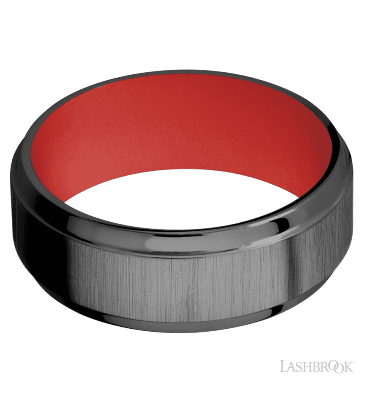 8 mm wide Stepped Bevel Zirconium band featuring a USMC Red sleeve. - Diamonds By Rothschild
