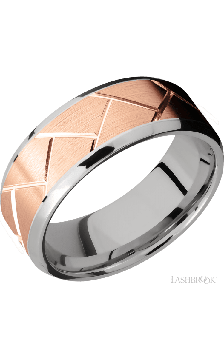 8 mm wide/Beveled/14K White Gold band with one 6 mm Centered inlay of 14K Rose Gold with a machined Flatweave pattern. - Diamonds By Rothschild