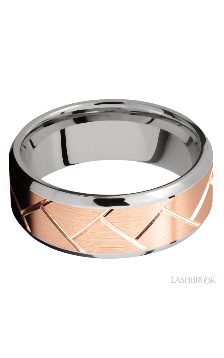 8 mm wide/Beveled/14K White Gold band with one 6 mm Centered inlay of 14K Rose Gold with a machined Flatweave pattern. - Diamonds By Rothschild