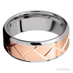 8 mm wide/Beveled/14K White Gold band with one 6 mm Centered inlay of 14K Rose Gold with a machined Flatweave pattern. - Diamonds By Rothschild