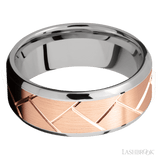 8 mm wide/Beveled/14K White Gold band with one 6 mm Centered inlay of 14K Rose Gold with a machined Flatweave pattern. - Diamonds By Rothschild