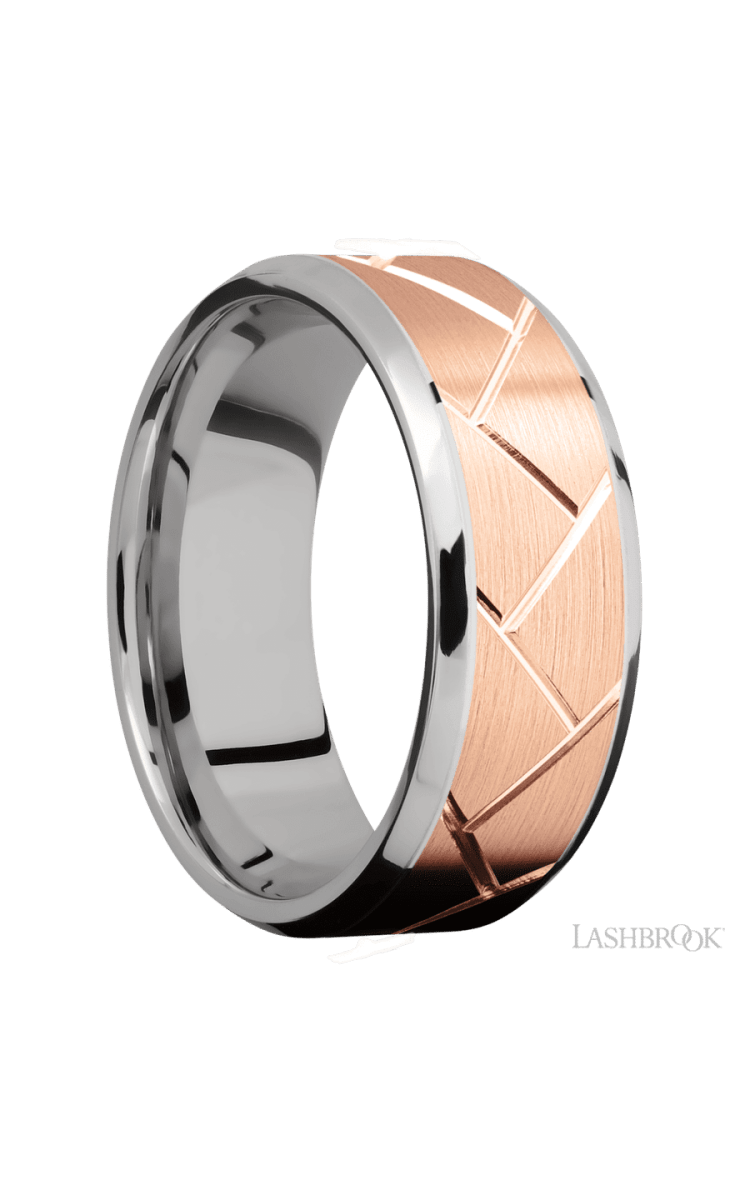 8 mm wide/Beveled/14K White Gold band with one 6 mm Centered inlay of 14K Rose Gold with a machined Flatweave pattern. - Diamonds By Rothschild