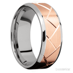 8 mm wide/Beveled/14K White Gold band with one 6 mm Centered inlay of 14K Rose Gold with a machined Flatweave pattern. - Diamonds By Rothschild