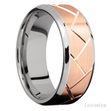 8 mm wide/Beveled/14K White Gold band with one 6 mm Centered inlay of 14K Rose Gold with a machined Flatweave pattern. - Diamonds By Rothschild
