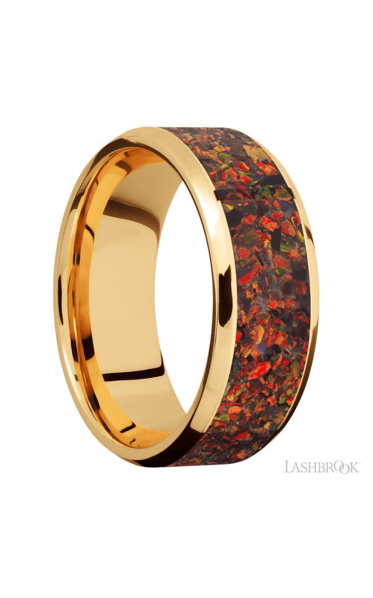 8 mm wide/Beveled/14K Yellow Gold band with one 6 mm Centered inlay of Red Opal. - Diamonds By Rothschild