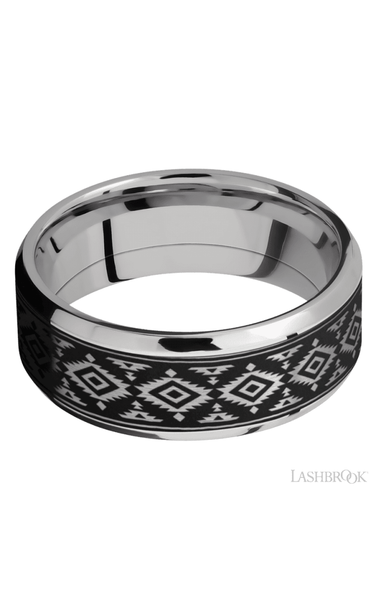 8 mm wide/Beveled/Cobalt Chrome band with one 6 mm Centered inlay of Tantalum with a laser carved Aztec 2 pattern. - Diamonds By Rothschild