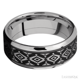 8 mm wide/Beveled/Cobalt Chrome band with one 6 mm Centered inlay of Tantalum with a laser carved Aztec 2 pattern. - Diamonds By Rothschild
