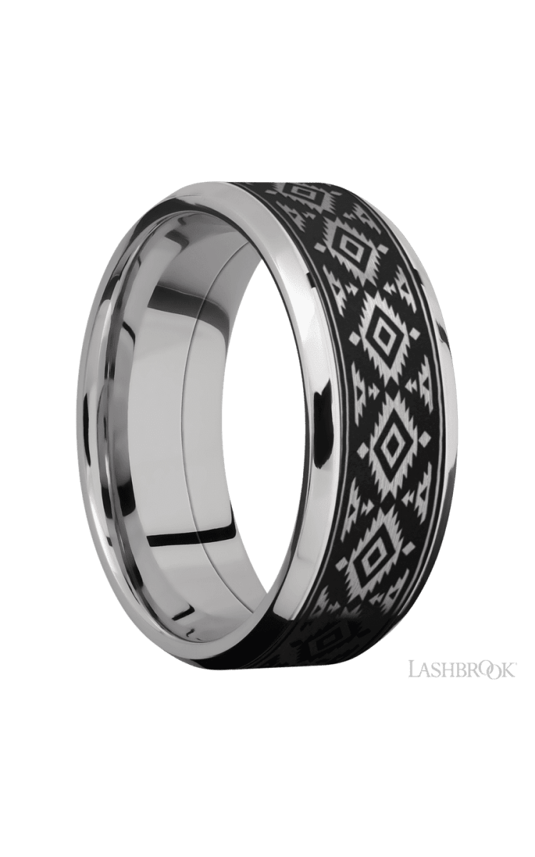 8 mm wide/Beveled/Cobalt Chrome band with one 6 mm Centered inlay of Tantalum with a laser carved Aztec 2 pattern. - Diamonds By Rothschild