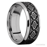 8 mm wide/Beveled/Cobalt Chrome band with one 6 mm Centered inlay of Tantalum with a laser carved Aztec 2 pattern. - Diamonds By Rothschild