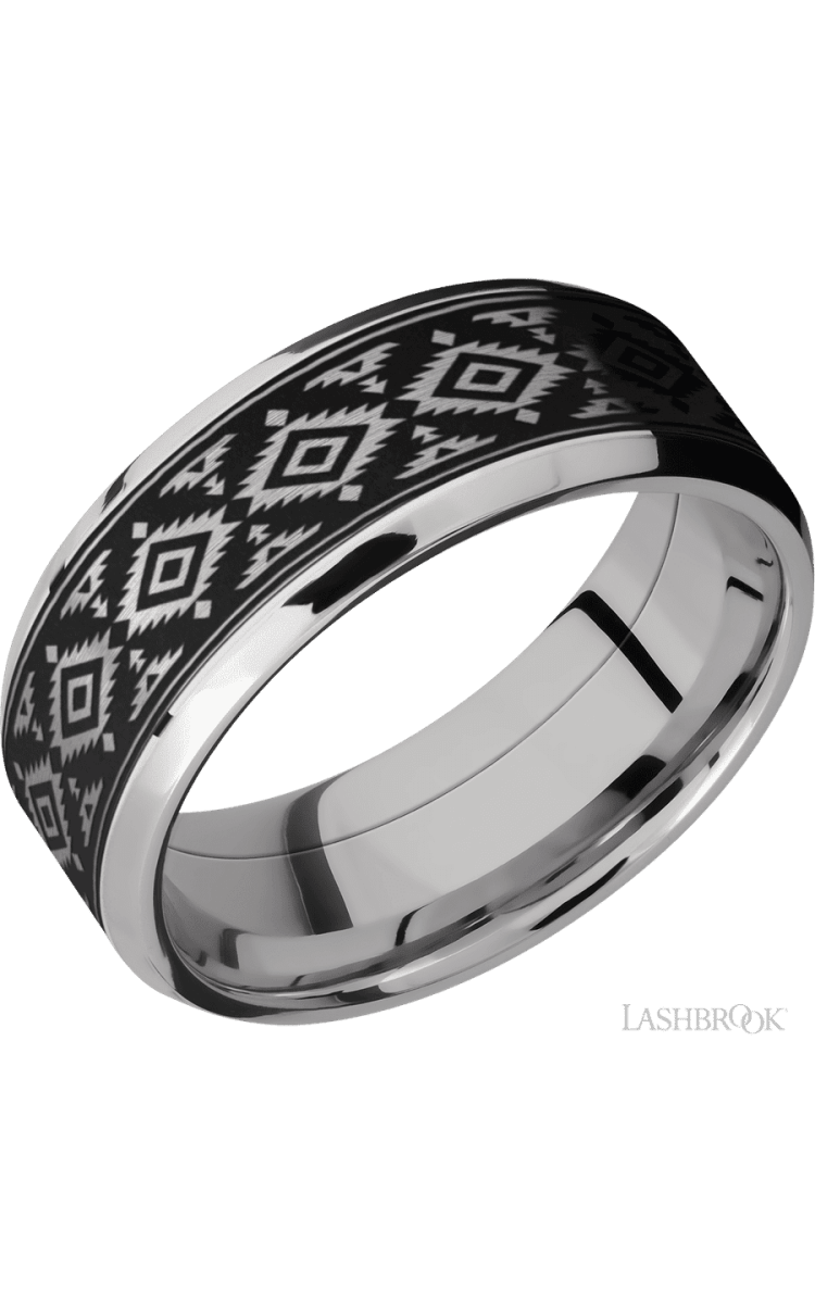 8 mm wide/Beveled/Cobalt Chrome band with one 6 mm Centered inlay of Tantalum with a laser carved Aztec 2 pattern. - Diamonds By Rothschild
