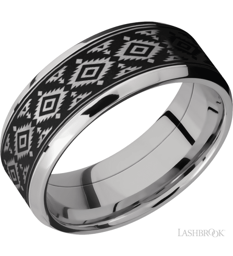 8 mm wide/Beveled/Cobalt Chrome band with one 6 mm Centered inlay of Tantalum with a laser carved Aztec 2 pattern. - Diamonds By Rothschild