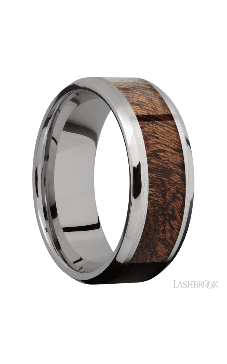 8 mm wide/Beveled/Titanium band with one 5 mm Centered inlay of Sapele. - Diamonds By Rothschild