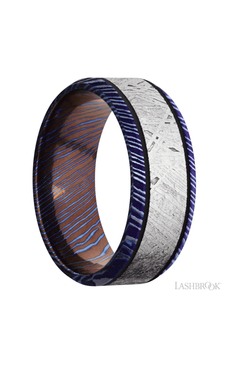 8 mm wide/Beveled/Titanium Damascus band with one 5 mm Centered inlay of Meteorite. - Diamonds By Rothschild