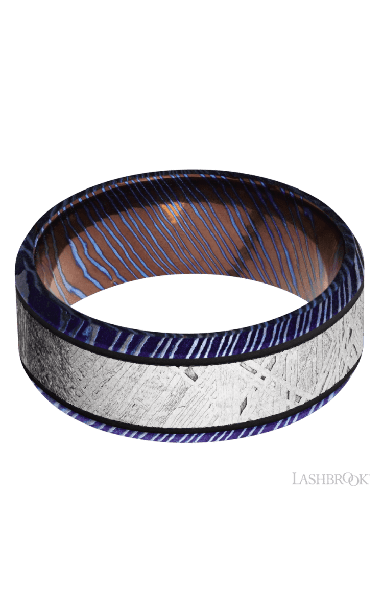 8 mm wide/Beveled/Titanium Damascus band with one 5 mm Centered inlay of Meteorite. - Diamonds By Rothschild