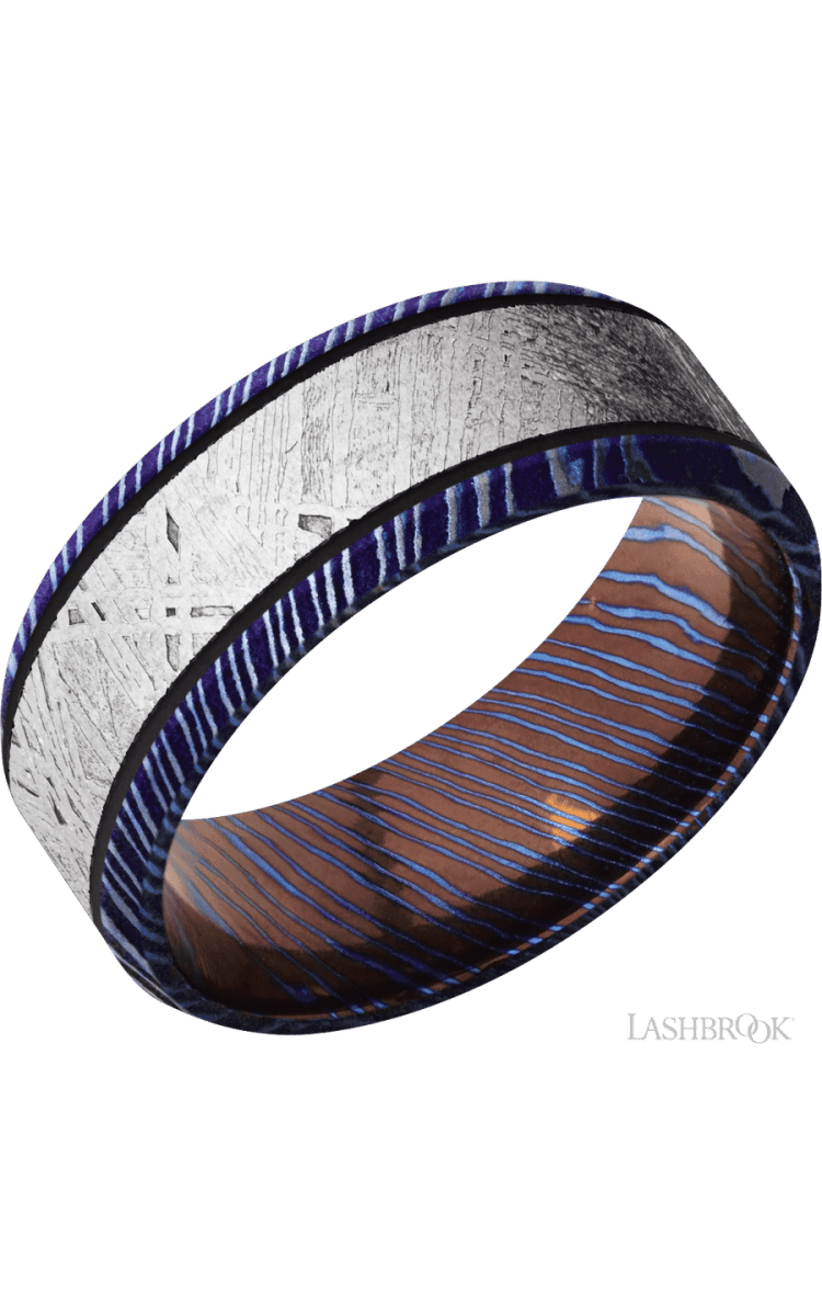 8 mm wide/Beveled/Titanium Damascus band with one 5 mm Centered inlay of Meteorite. - Diamonds By Rothschild