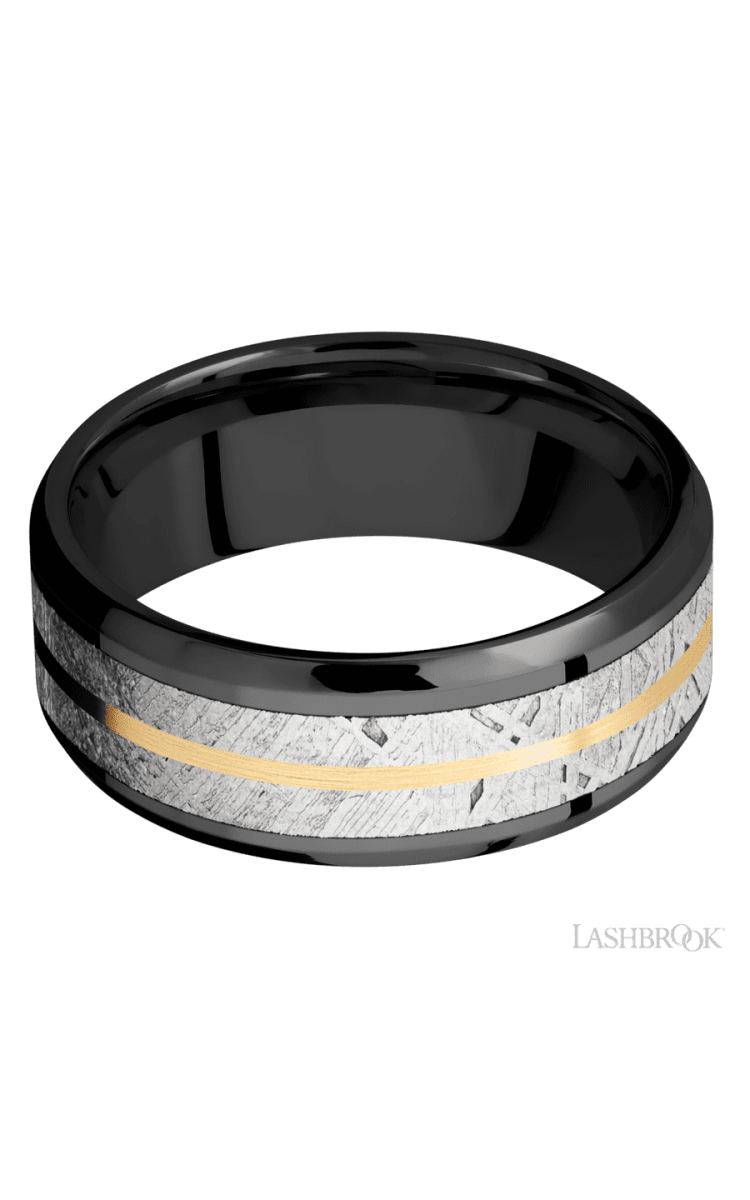 8 mm wide/Beveled/Zirconium band featuring inlays of Meteorite and 14K Yellow Gold. - Diamonds By Rothschild