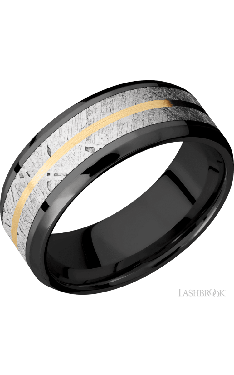 8 mm wide/Beveled/Zirconium band featuring inlays of Meteorite and 14K Yellow Gold. - Diamonds By Rothschild