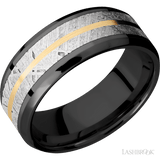 8 mm wide/Beveled/Zirconium band featuring inlays of Meteorite and 14K Yellow Gold. - Diamonds By Rothschild