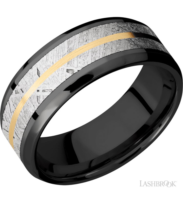 8 mm wide/Beveled/Zirconium band featuring inlays of Meteorite and 14K Yellow Gold. - Diamonds By Rothschild