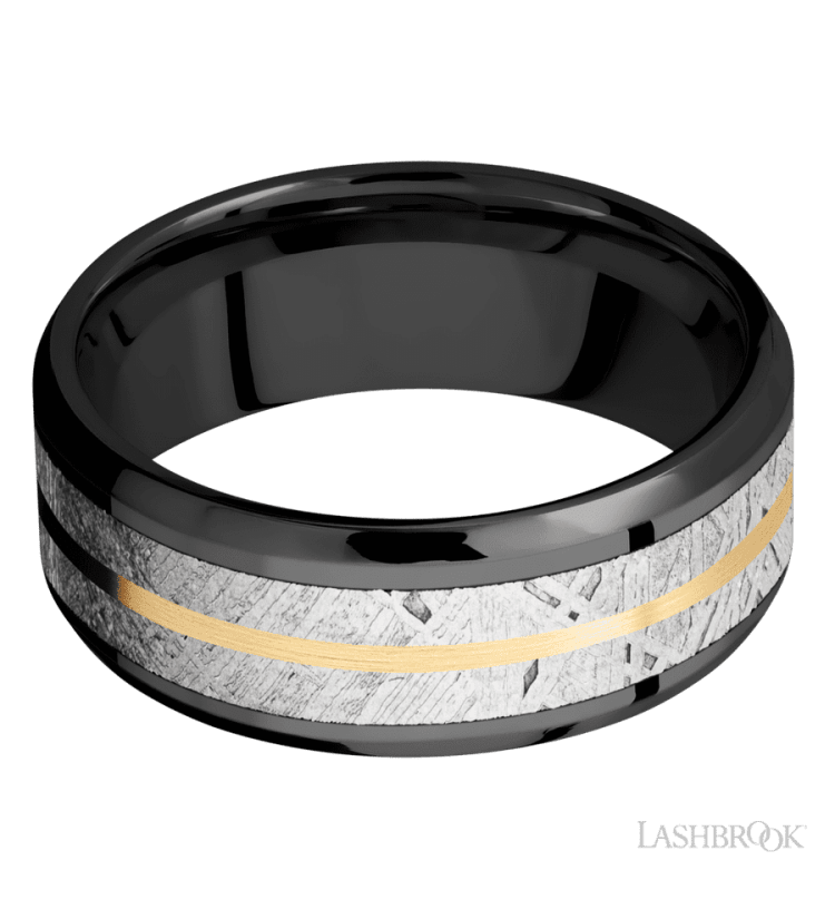 8 mm wide/Beveled/Zirconium band featuring inlays of Meteorite and 14K Yellow Gold. - Diamonds By Rothschild