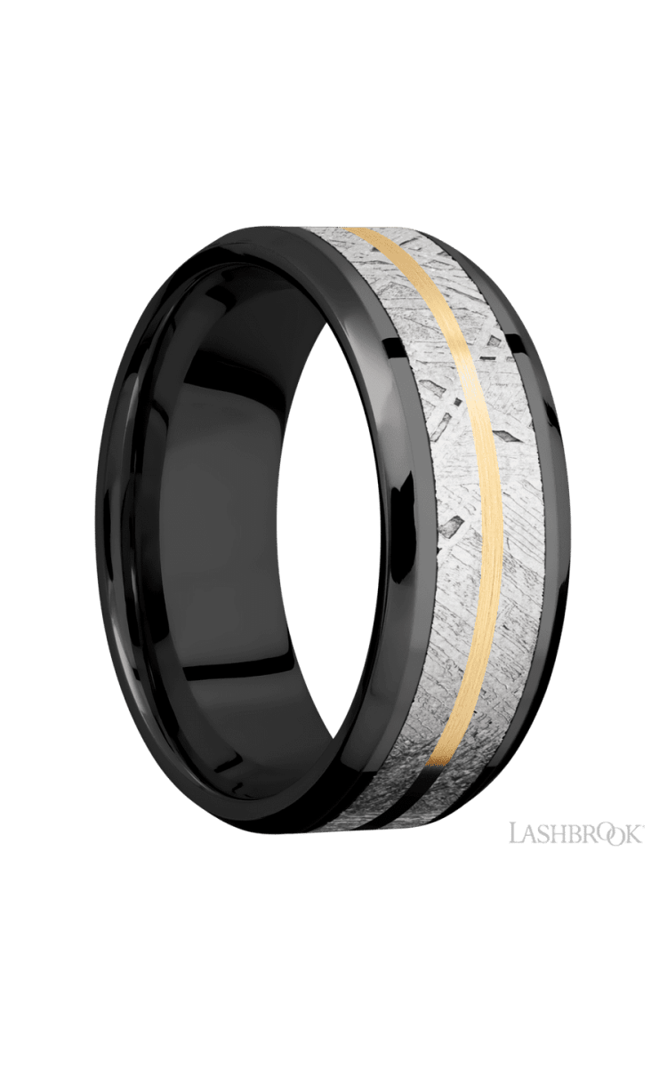 8 mm wide/Beveled/Zirconium band featuring inlays of Meteorite and 14K Yellow Gold. - Diamonds By Rothschild